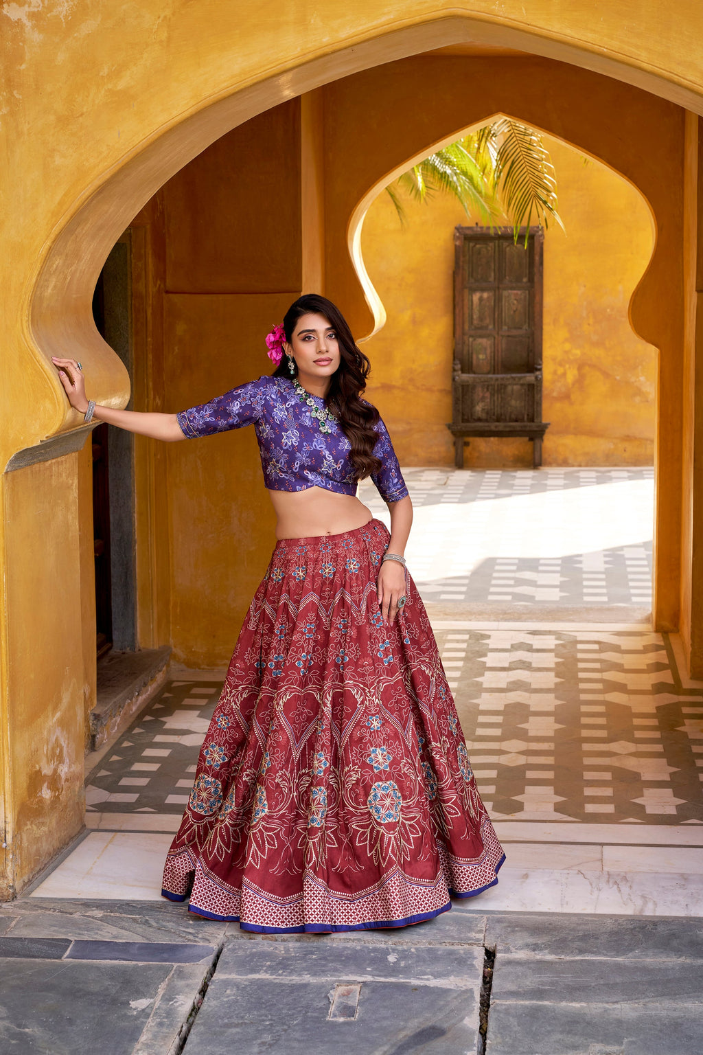 Maroon Vaishali silk lehenga with beadwork and Gota Patti lace