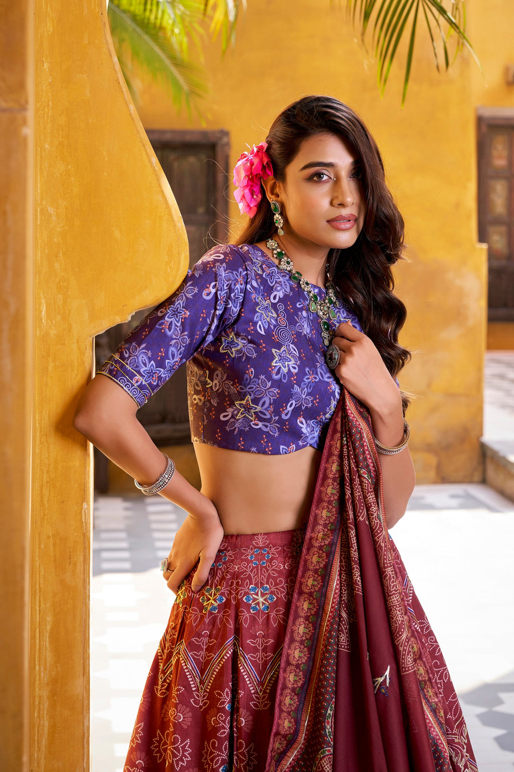 Maroon Vaishali Silk Floral Printed Lehenga Choli with Gota Patti