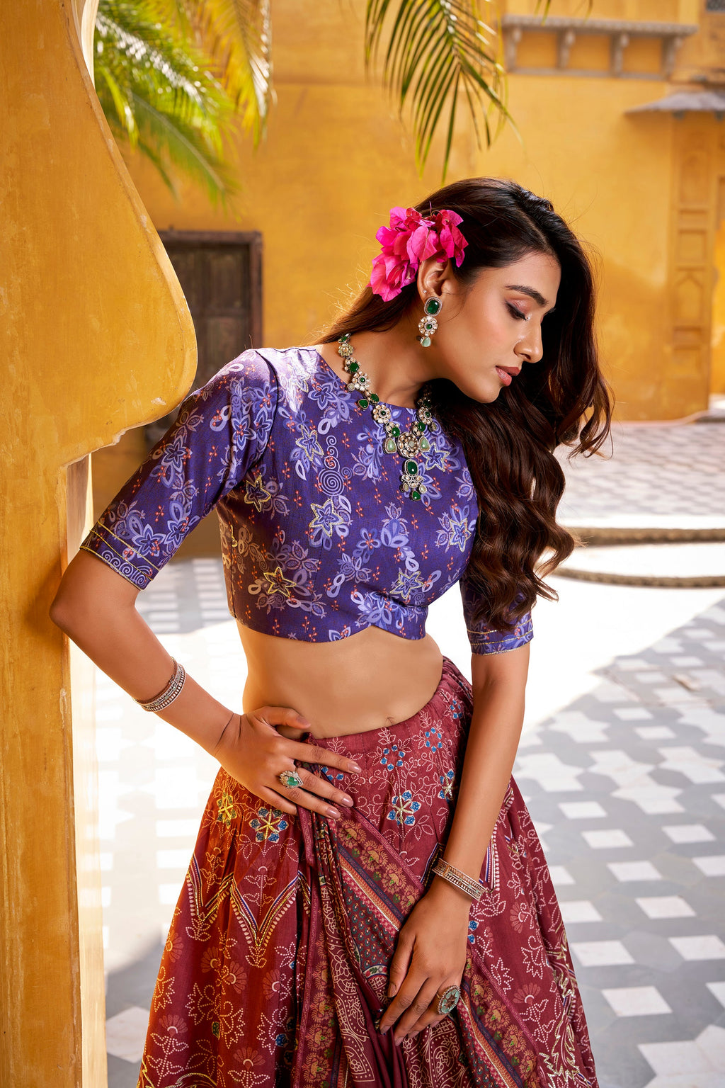 Maroon Vaishali Silk Floral Printed Lehenga Choli with Gota Patti