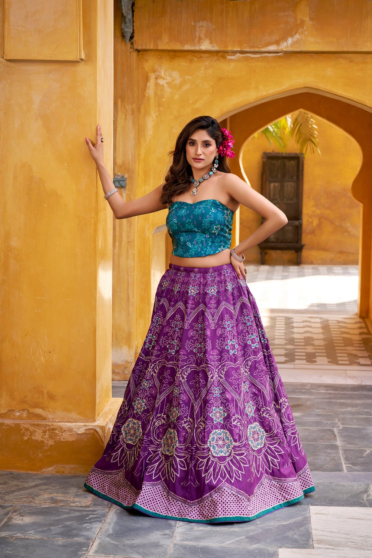 Purple Vaishali silk lehenga choli with detailed beadwork and gota patti lace border