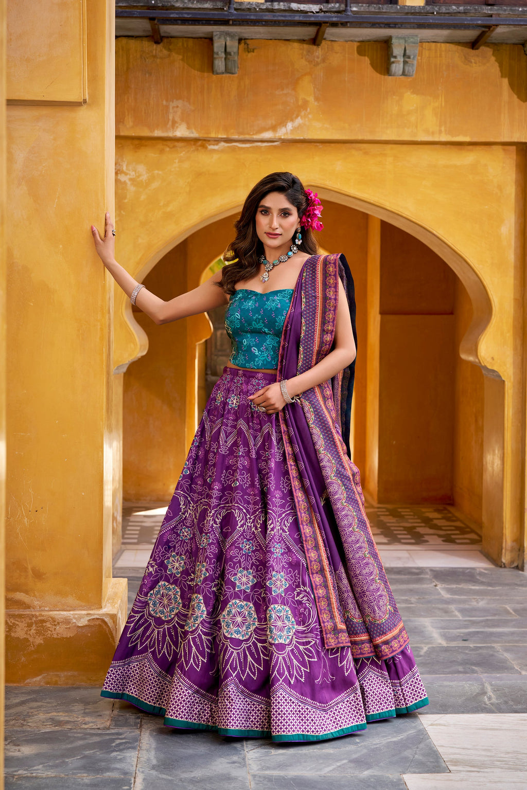 Purple Vaishali Silk Lehenga Choli with Beads and Gota Patti Lace