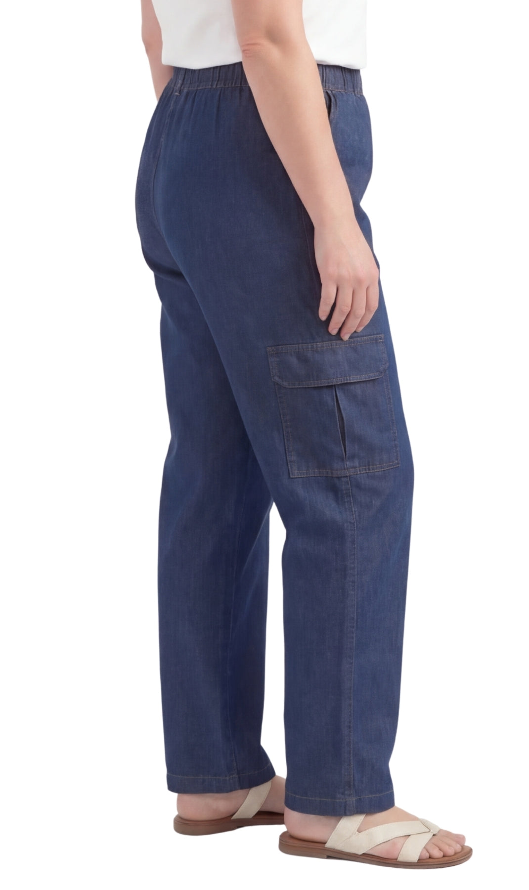 Women's Pull-On Denim Cargo Pants with Elastic Stretch Waist