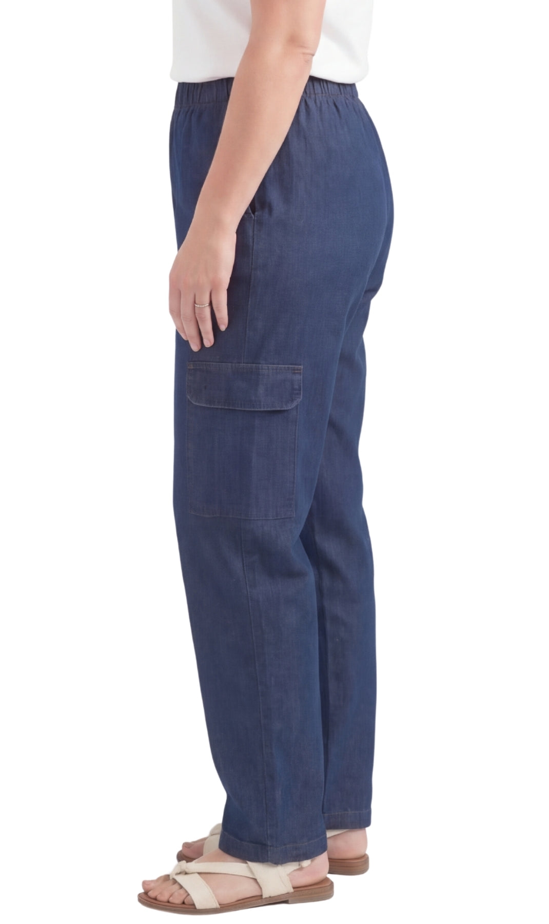 Women's Pull-On Denim Cargo Pants with Elastic Stretch Waist