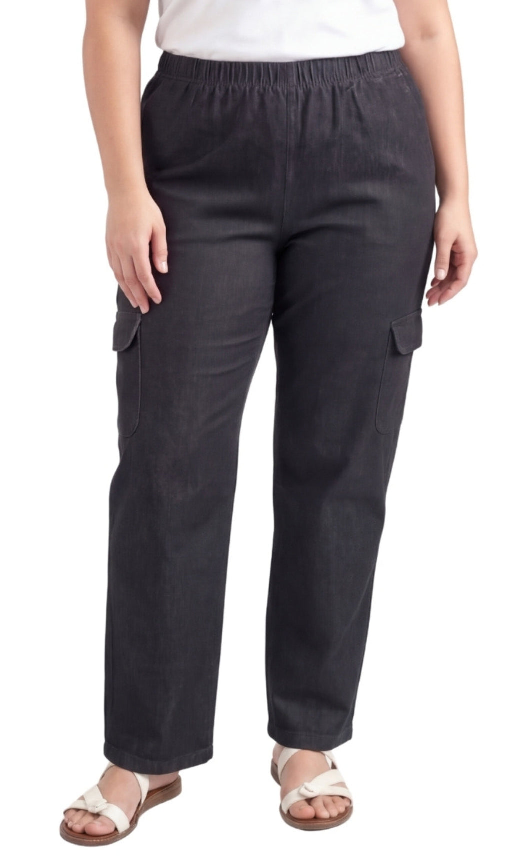 Women wearing relaxed fit blue denim cargo pants with pull-on elastic waist and functional pockets.
