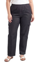 Women wearing relaxed fit blue denim cargo pants with pull-on elastic waist and functional pockets.
