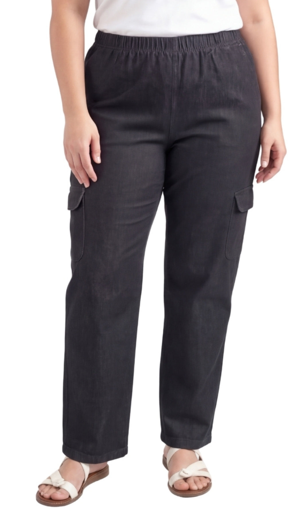 Women wearing relaxed fit blue denim cargo pants with pull-on elastic waist and functional pockets.