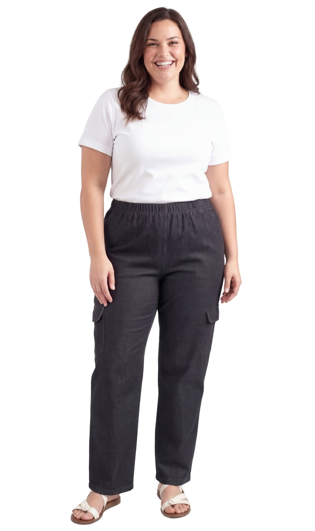 Women's Pull-On Denim Cargo Pants with Elastic Stretch Waist