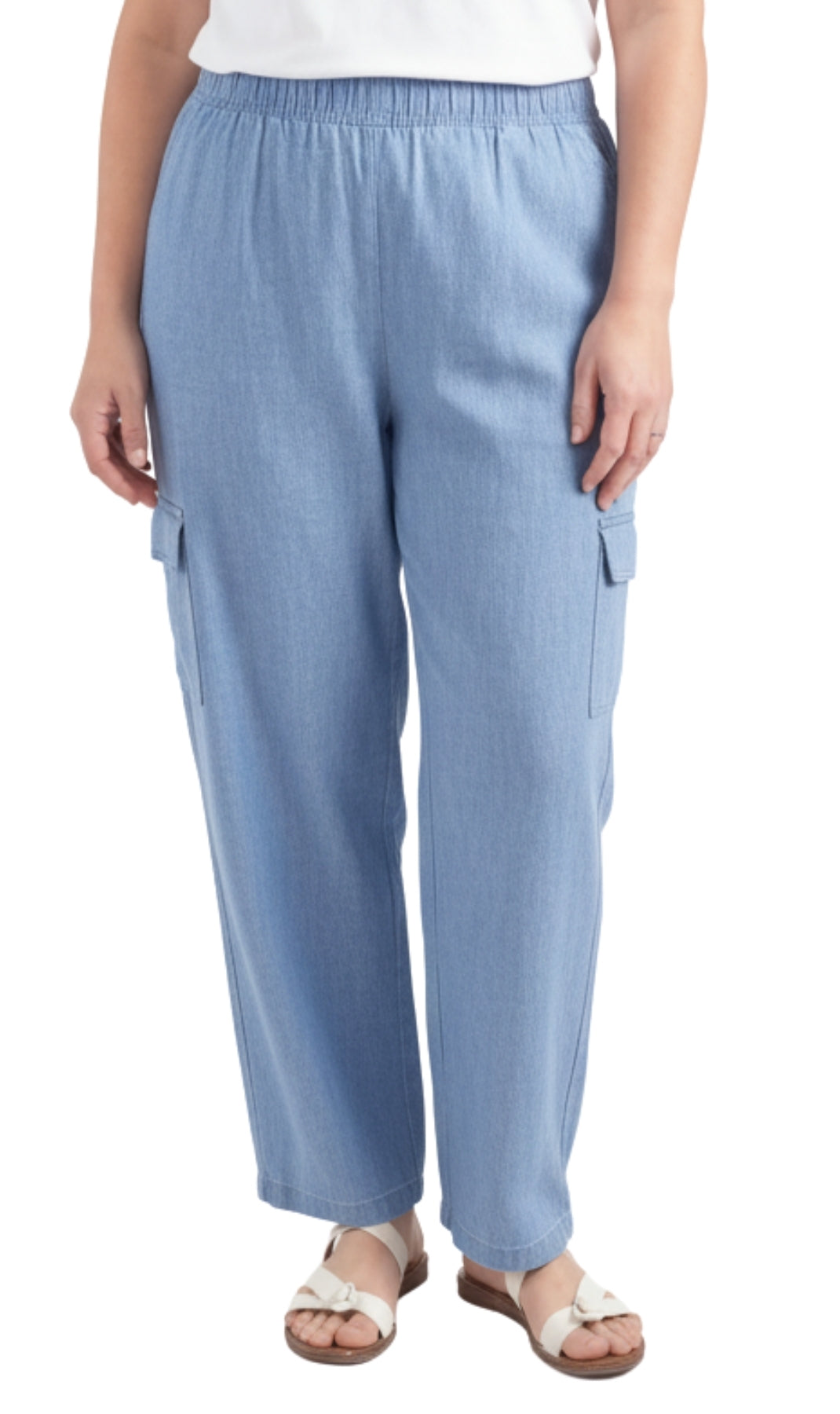 Women's Pull-On Denim Cargo Pants with Elastic Stretch Waist