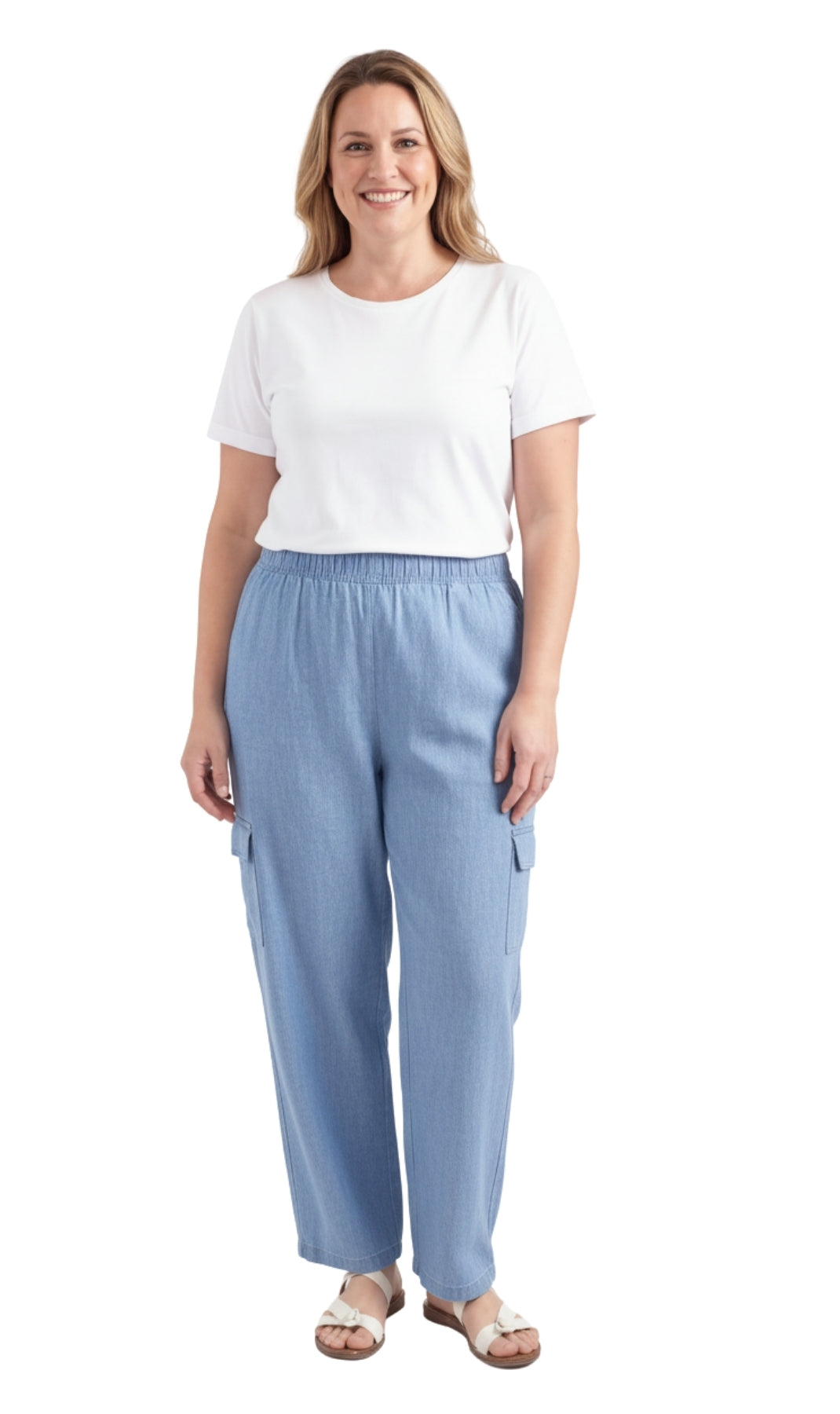 Women's Pull-On Denim Cargo Pants with Elastic Stretch Waist