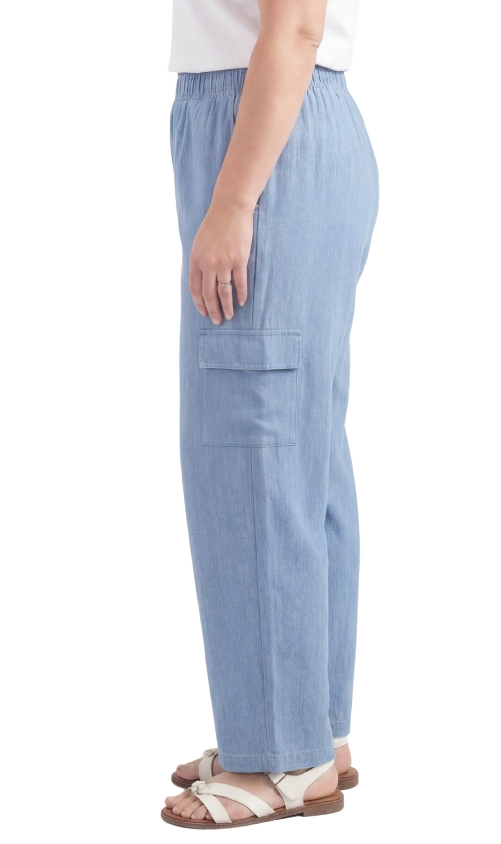 Women's Pull-On Denim Cargo Pants with Elastic Stretch Waist