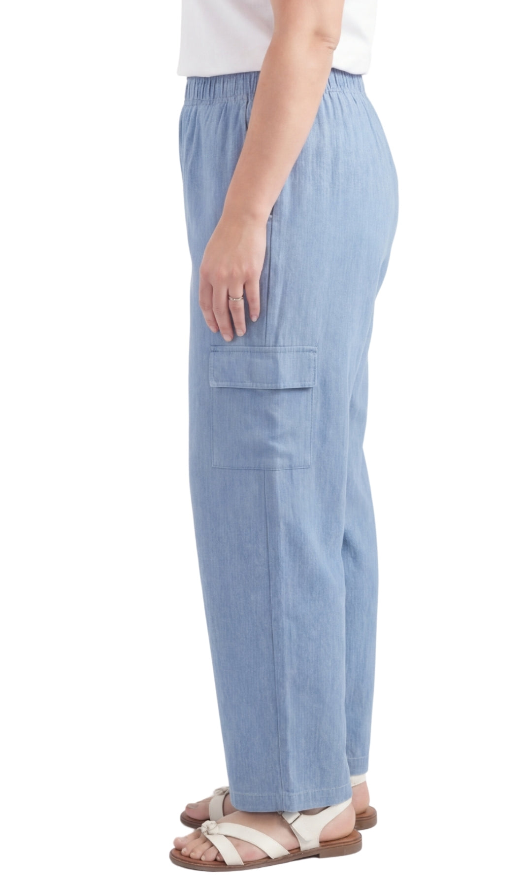 Women's Pull-On Denim Cargo Pants with Elastic Stretch Waist