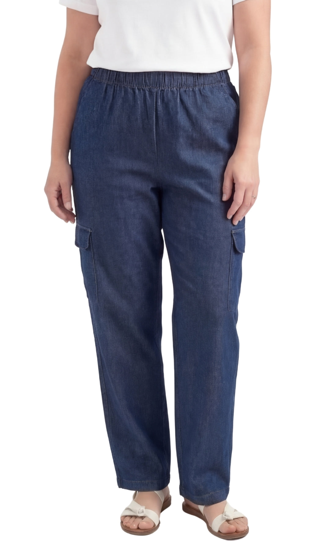 Women's Pull-On Denim Cargo Pants with Elastic Stretch Waist