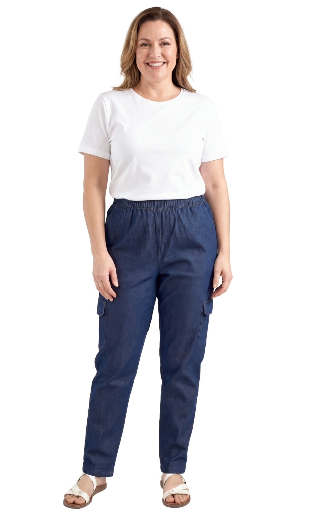 Women's Pull-On Denim Cargo Pants with Elastic Stretch Waist