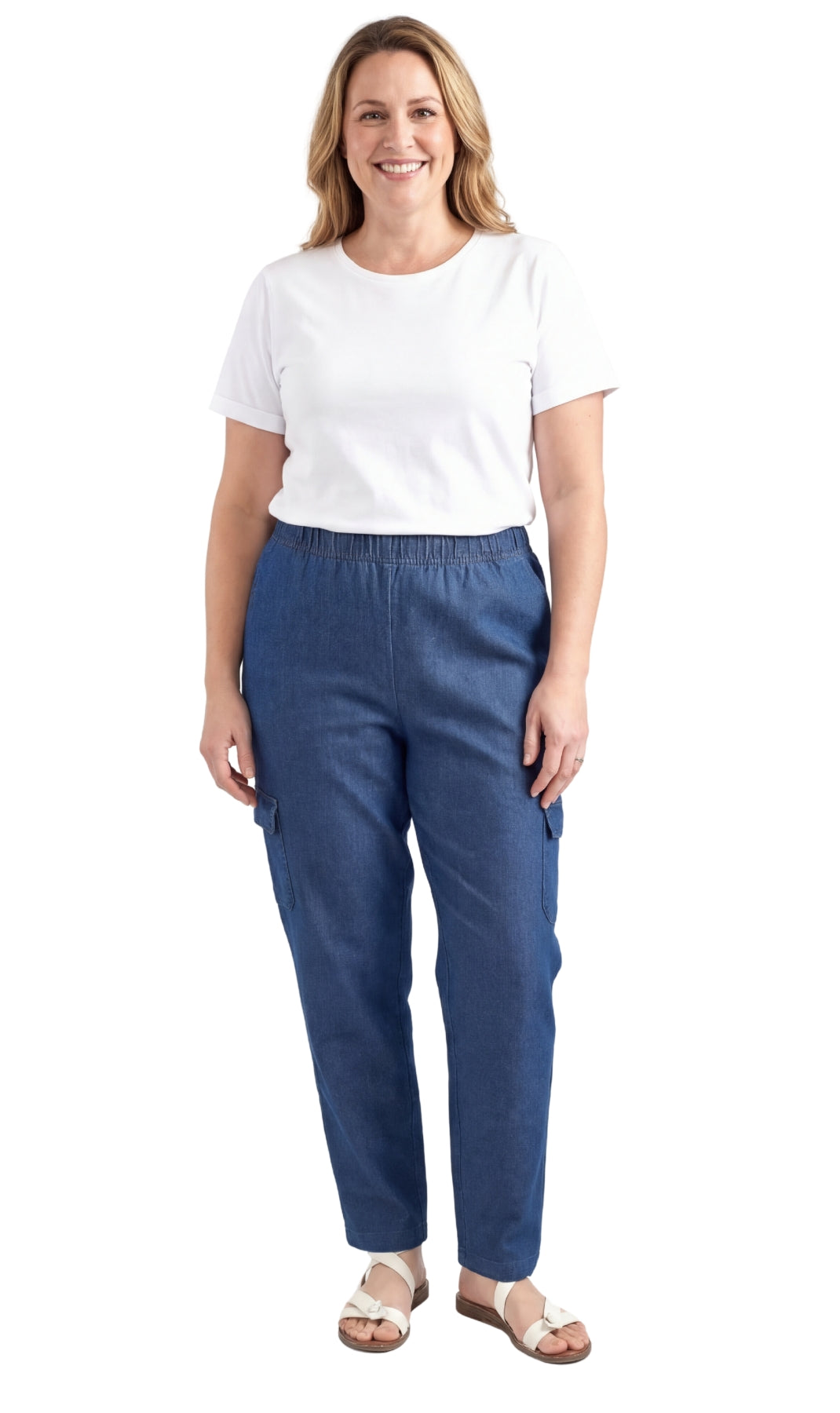 Women's Pull-On Denim Cargo Pants with Elastic Stretch Waist