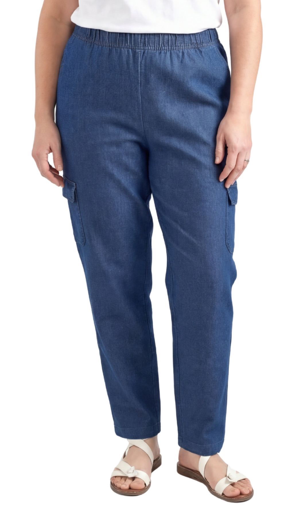 Women's Pull-On Denim Cargo Pants with Elastic Stretch Waist