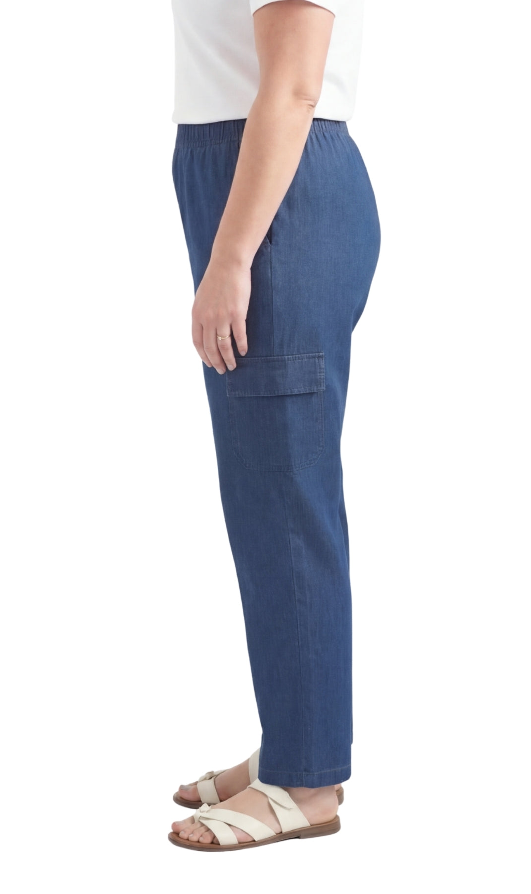Women's Pull-On Denim Cargo Pants with Elastic Stretch Waist
