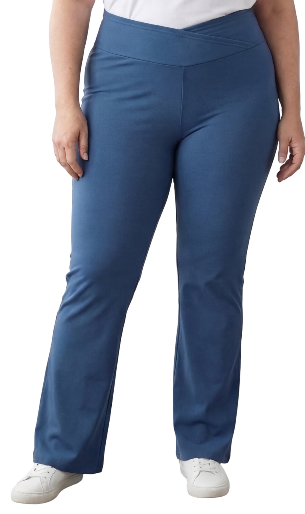 Women's cotton stretch bootcut flare leggings with a crossover high-rise waistband.