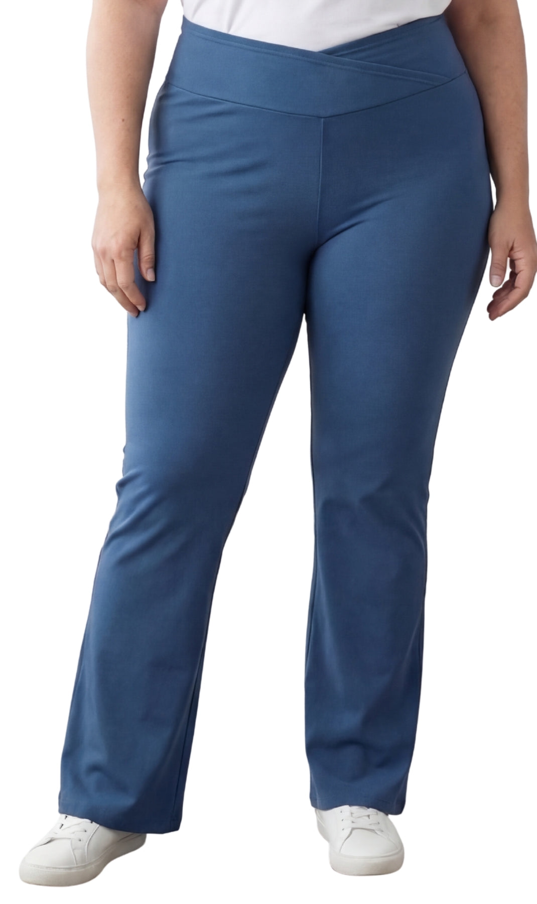 Women's cotton stretch bootcut flare leggings with a crossover high-rise waistband.