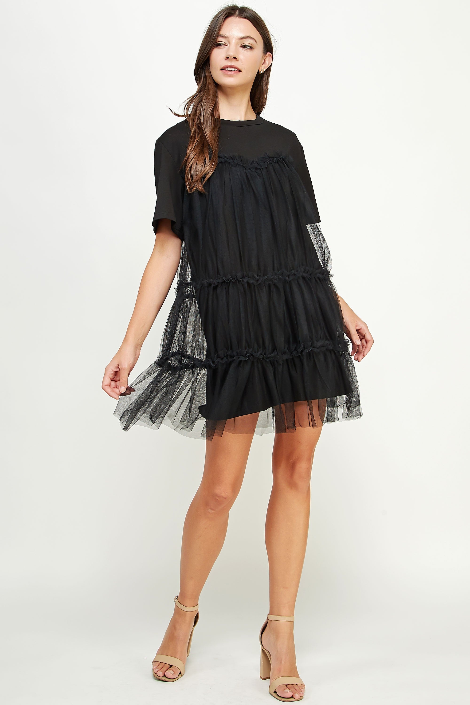 Black Tulle Overlay Tiered Mini Dress