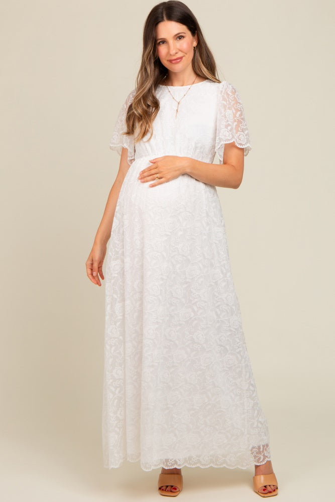 White Sheer Lace Back Maternity Maxi Dress for Special Occasions - Image 2
