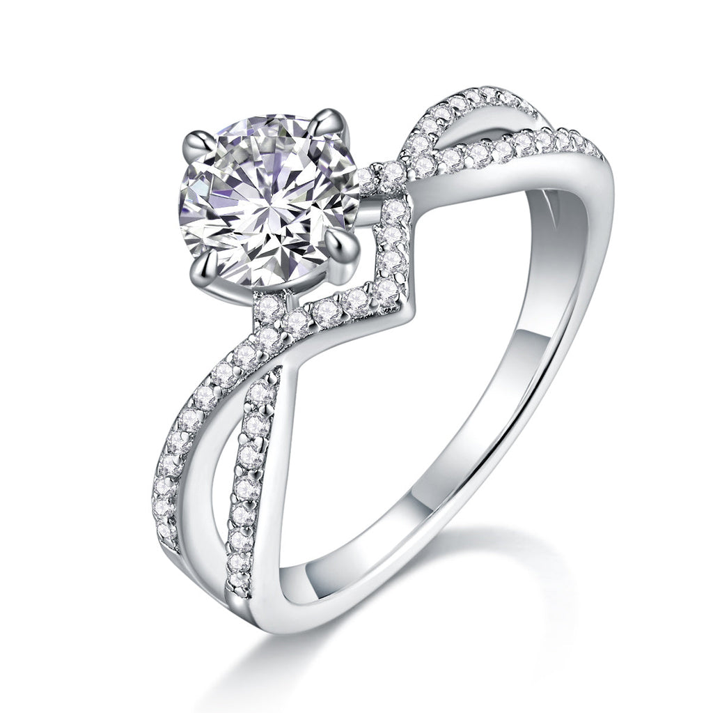 S925 Silver 3.3g Platinum Plated Moissanite Ring, 1ct 6.5mm D VVS1 Criss Cross Band, GRA Certified US 5-9