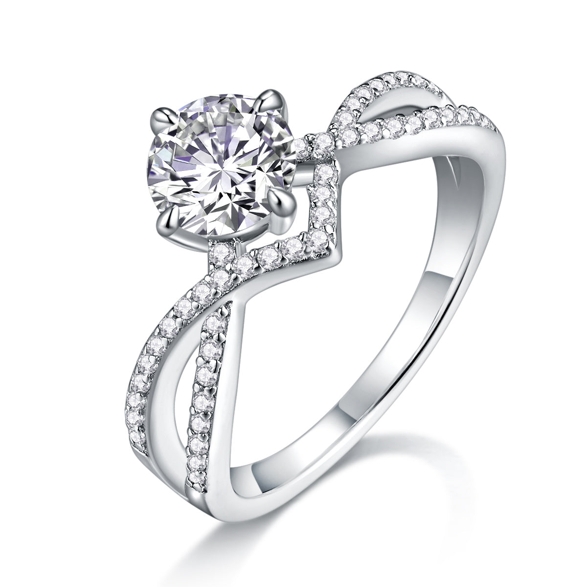 S925 Silver 3.3g Platinum Plated Moissanite Ring, 1ct 6.5mm D VVS1 Criss Cross Band, GRA Certified US 5-9