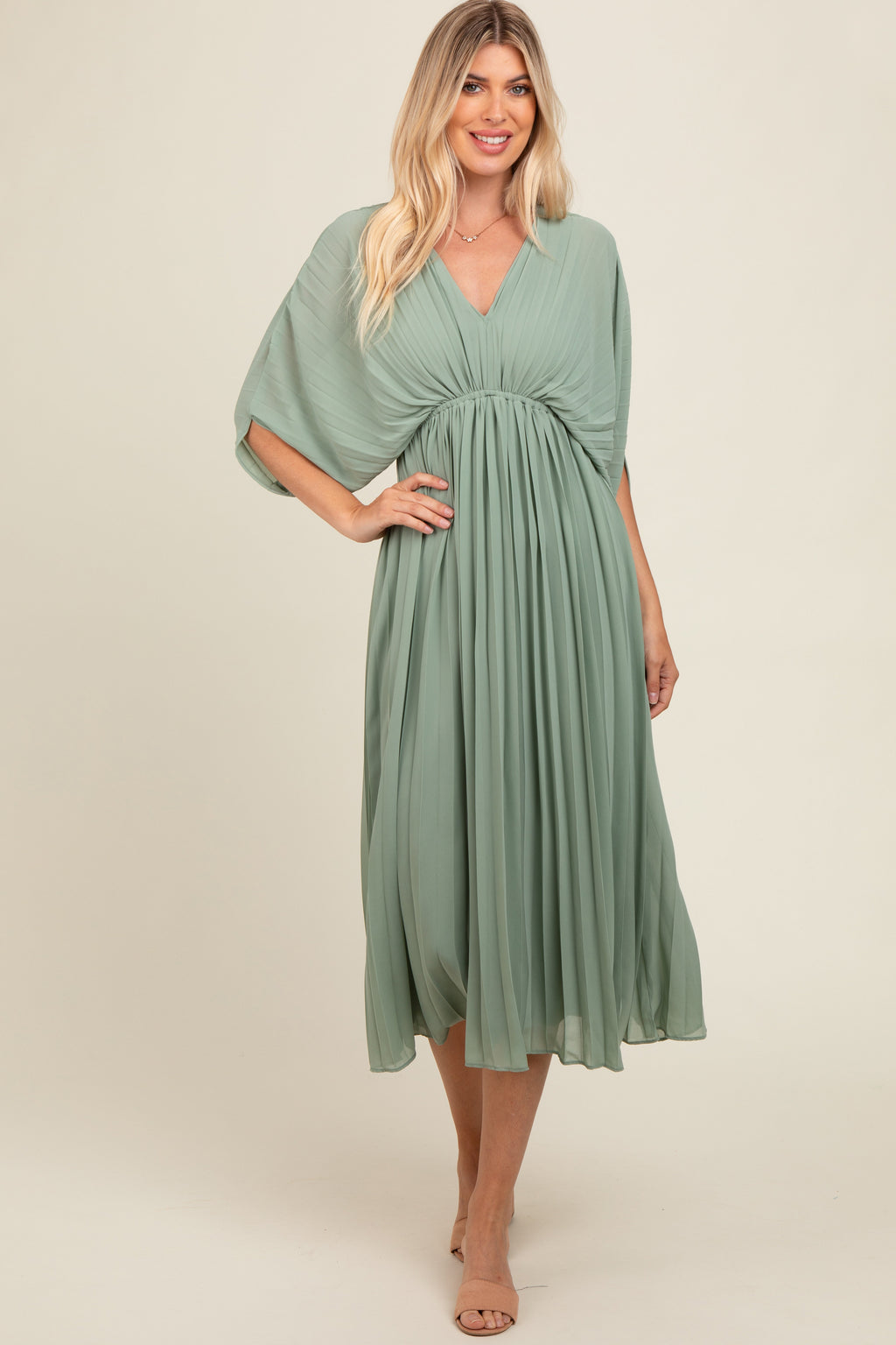 Light Olive Pleated V Neck Maternity Maxi Dress for Expectant Moms