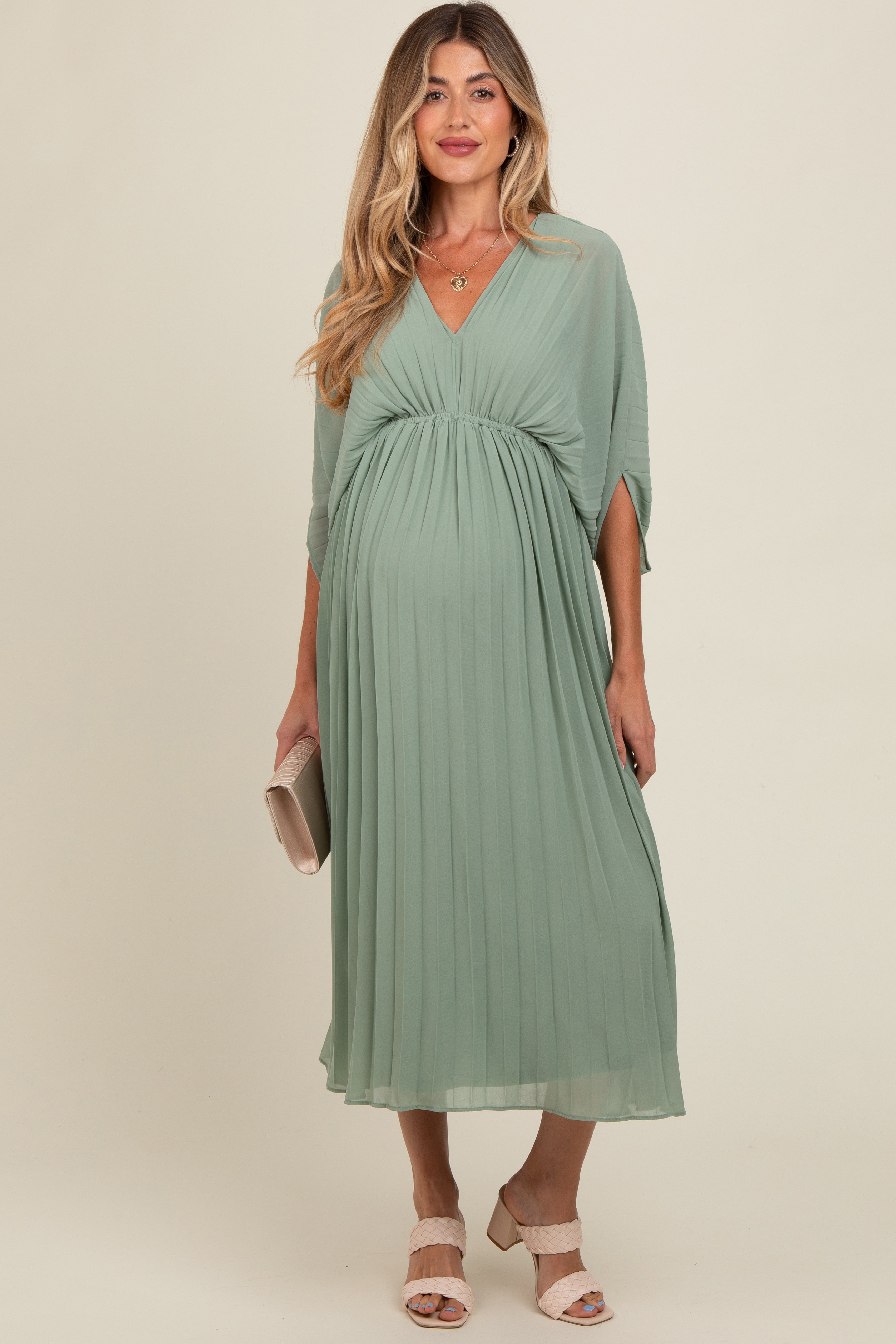 Light Olive Pleated V Neck Maternity Maxi Dress for Expectant Moms