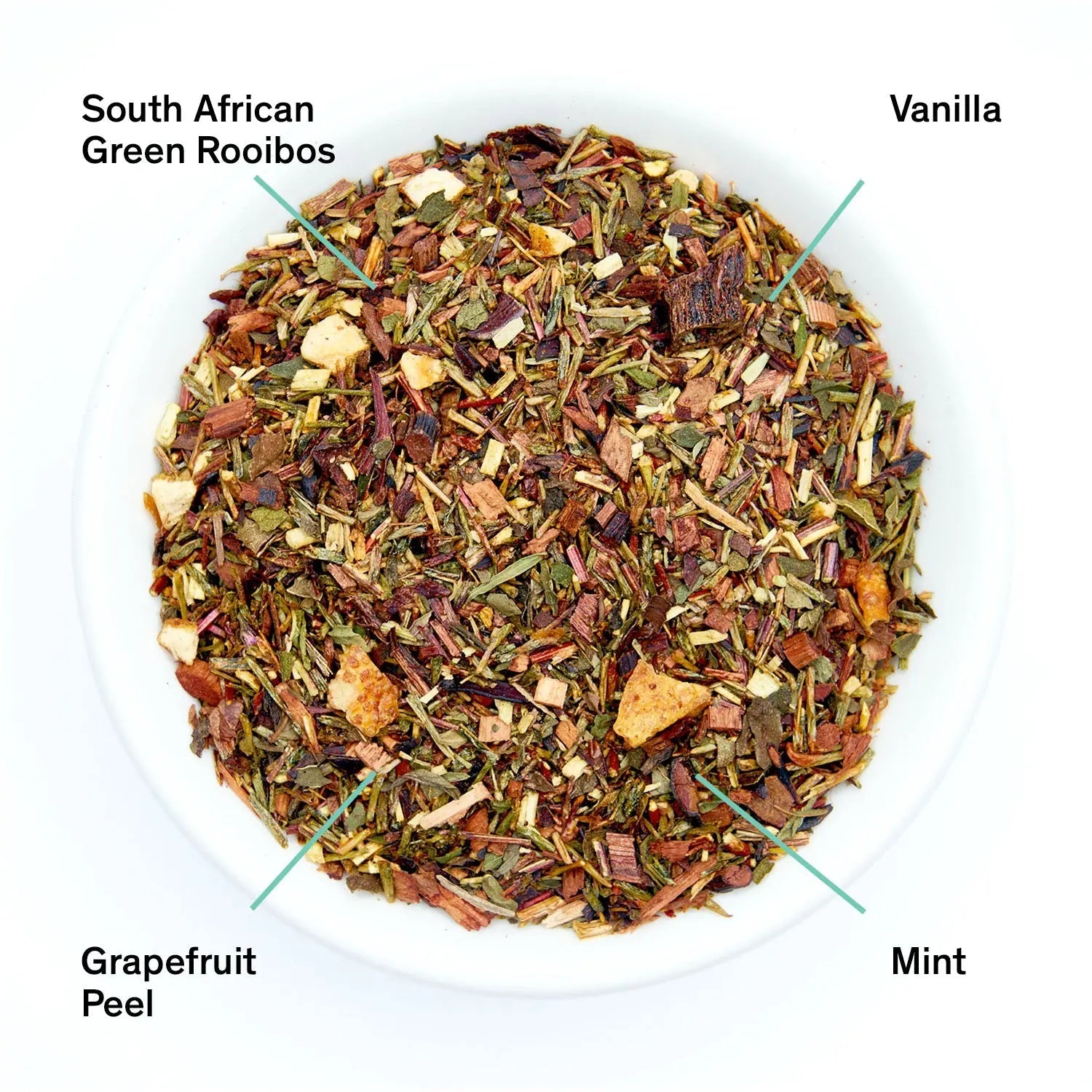 A pouch of Cocteau tea blend next to a small white bowl filled with loose leaf rooibos, grapefruit peel, and mint.