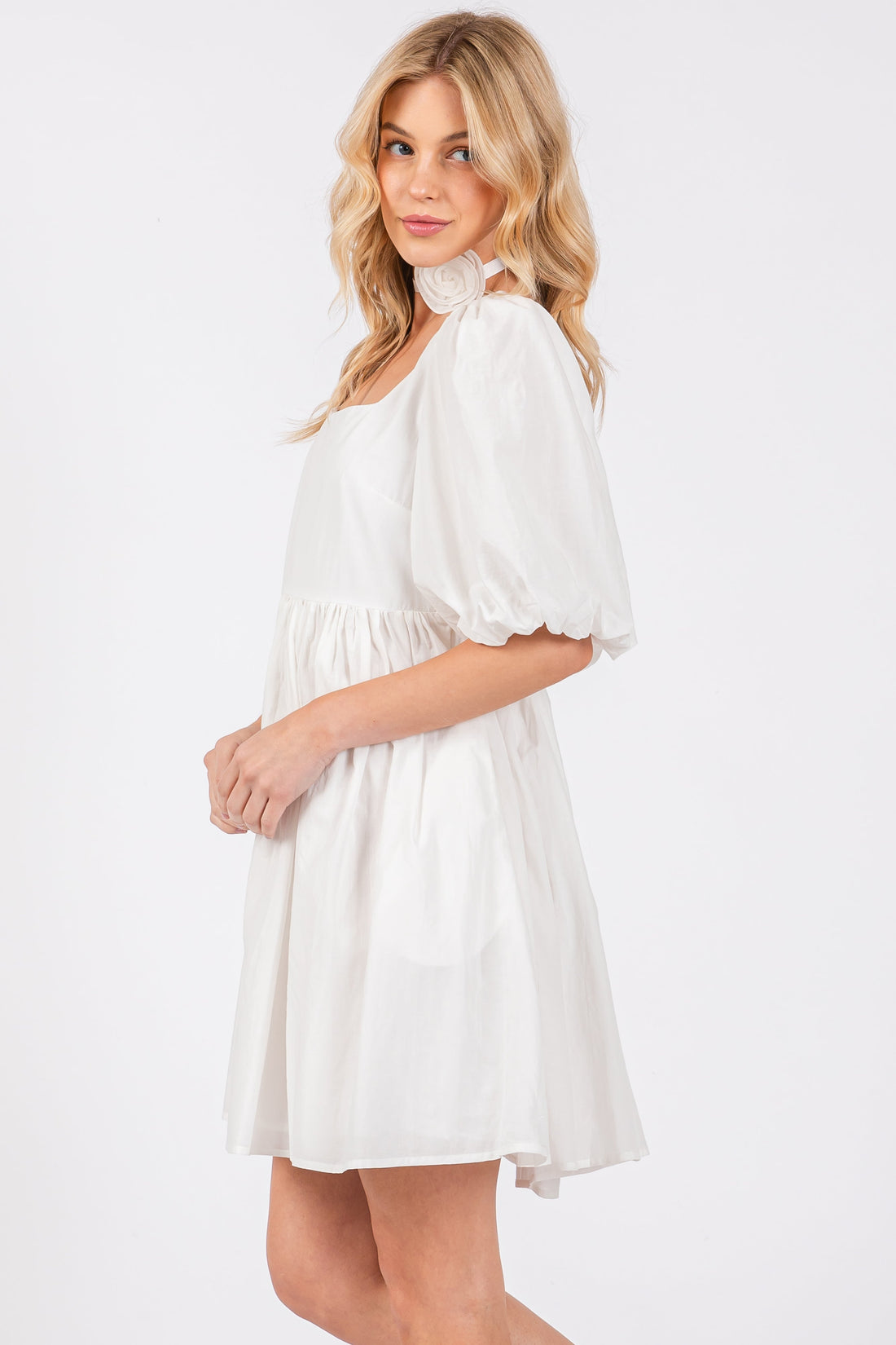 White Square Neck Babydoll Mini Dress with Puff Sleeves - Image 2