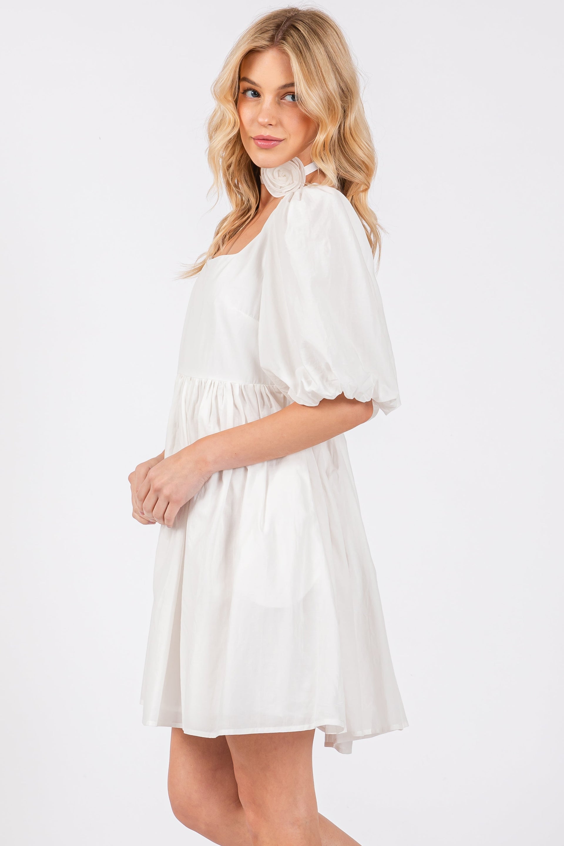 White Square Neck Babydoll Mini Dress with Puff Sleeves - Image 2