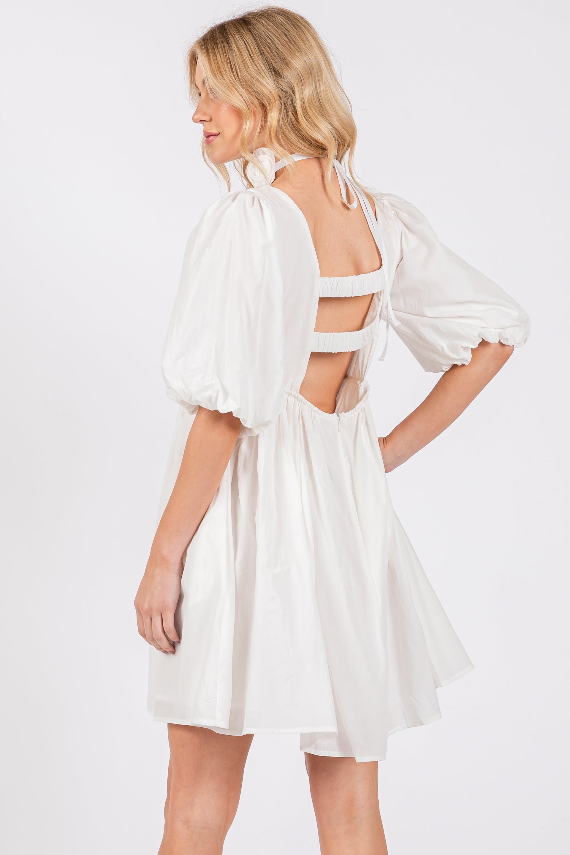 White Square Neck Babydoll Mini Dress with Puff Sleeves - Image 3