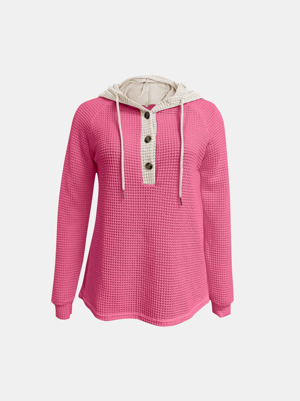Women's Waffle-Knit Contrast Long Sleeve Hoodie with Buttons - Image 14