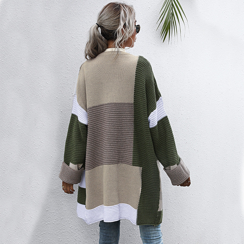 Army Green Oversized Color Block Knit Cardigan