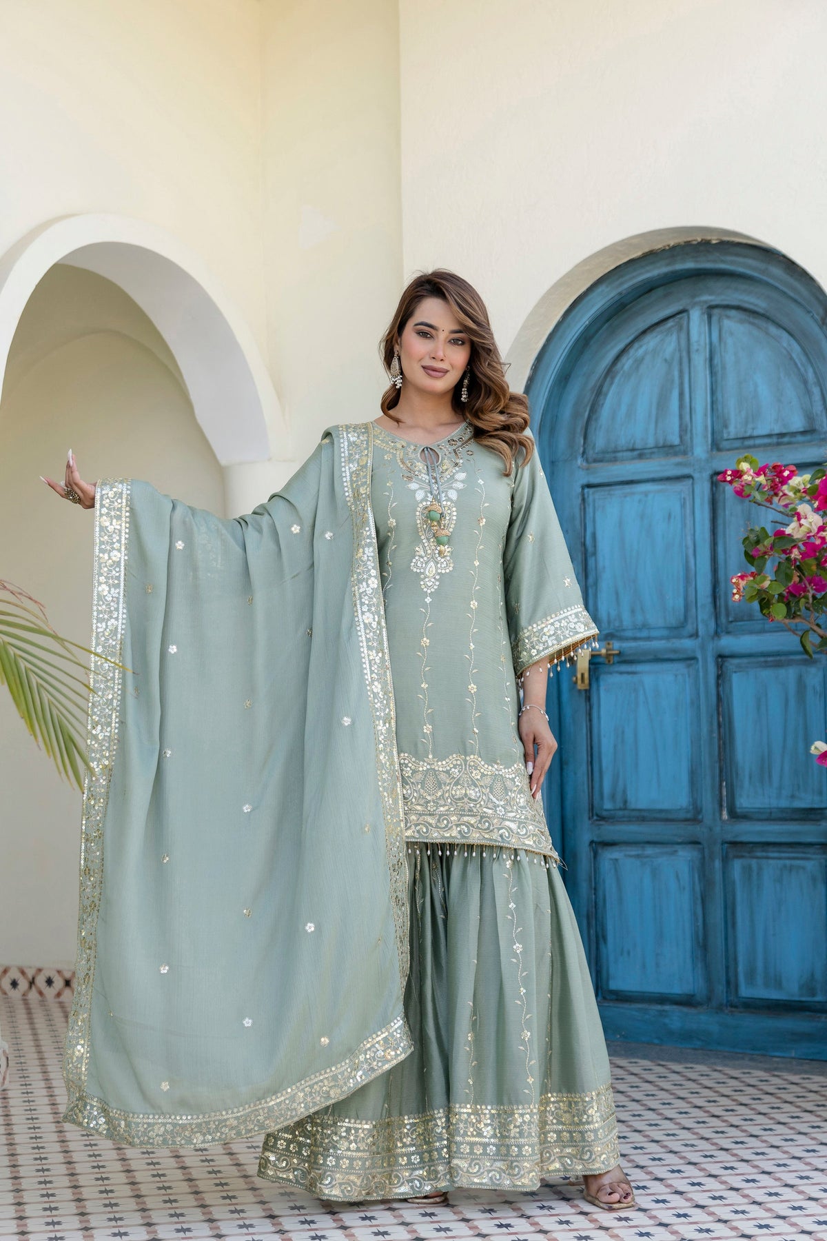 Elegant seagreen Chinon kurta with 5mm sequence embroidery and matching sharara