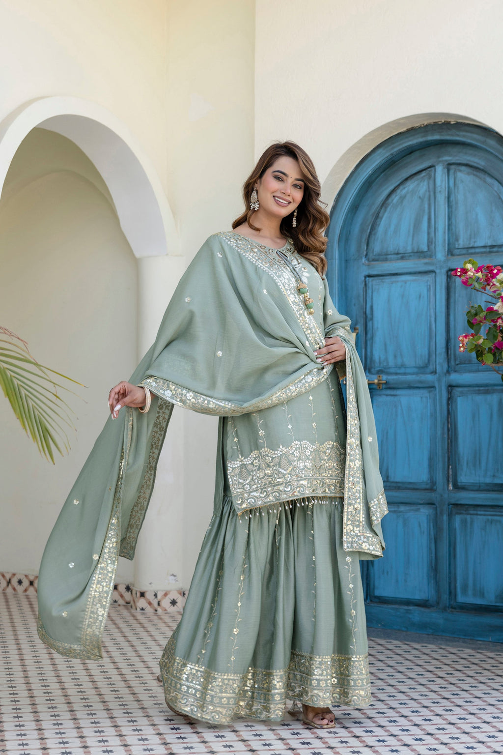 Seagreen Chinon Kurta Sharara Set with Embroidery and 5mm Sequins