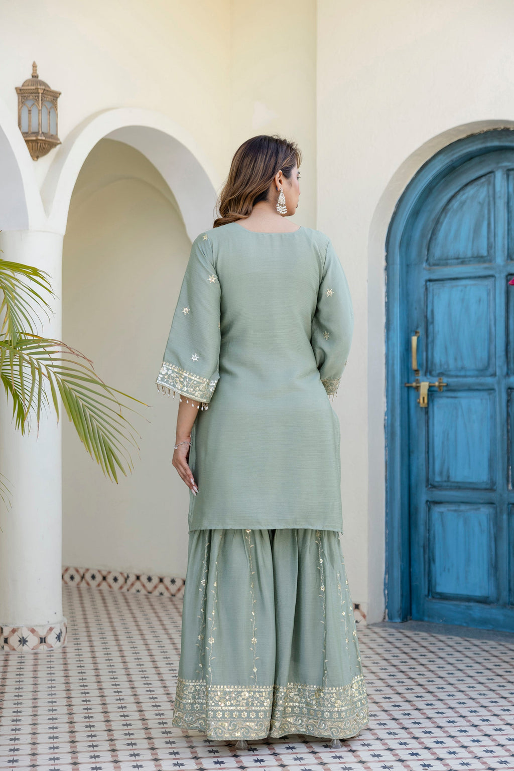 Seagreen Chinon Kurta Sharara Set with Embroidery and 5mm Sequins