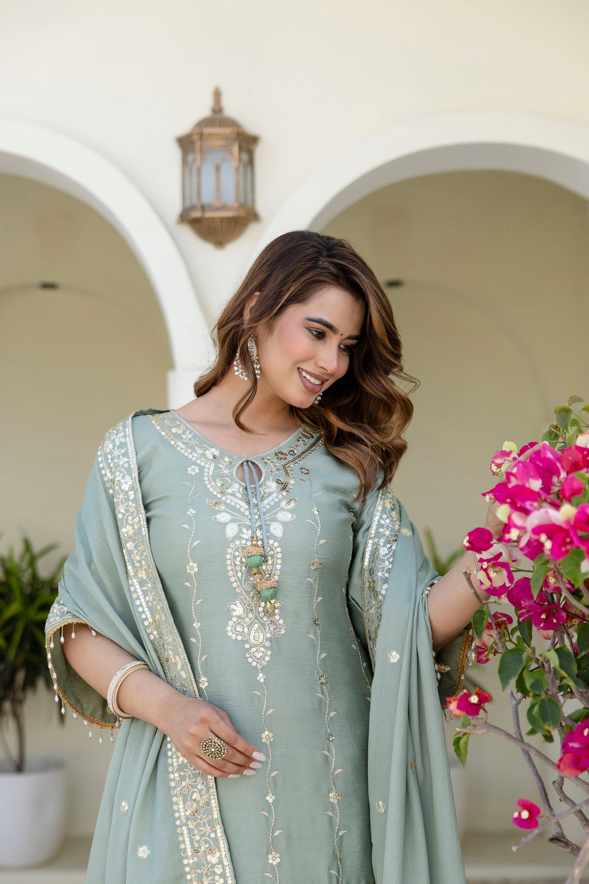 Seagreen Chinon Kurta Sharara Set with Embroidery and 5mm Sequins