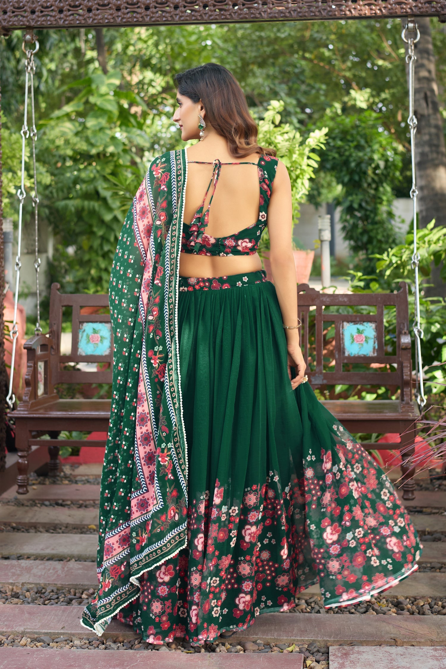 Lorenvalley Fashion Green Georgette Digital Printed Lehenga Choli with Dupatta