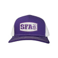 Front view of SFA Star and Trees Axe Head curved bill snapback hat with mesh back