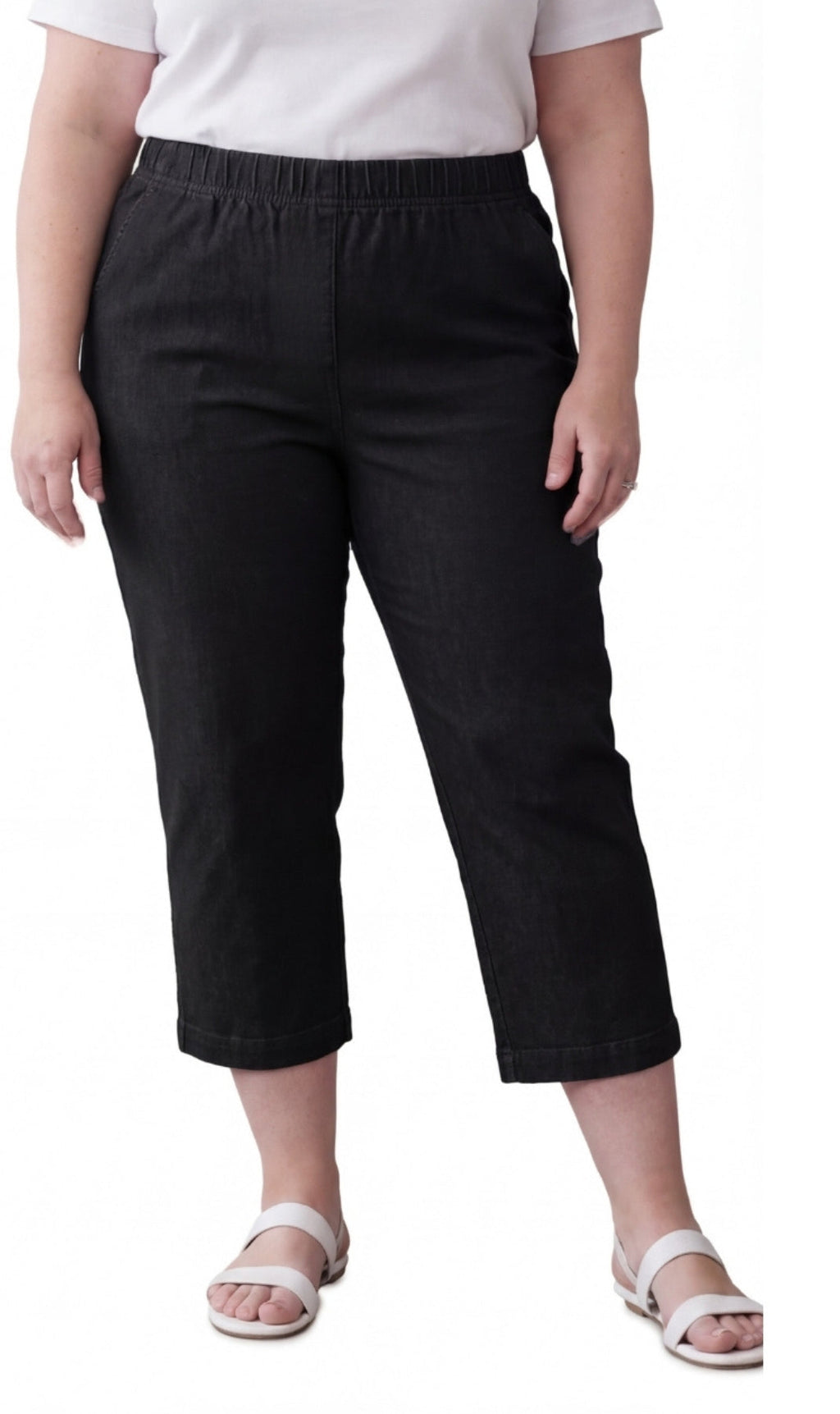 A pair of women's lightweight stretch denim capri pants in classic blue, featuring a mid-rise, straight-leg silhouette.