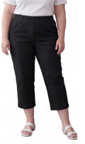 A pair of women's lightweight stretch denim capri pants in classic blue, featuring a mid-rise, straight-leg silhouette.