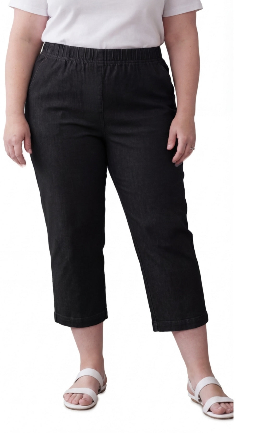 A pair of women's lightweight stretch denim capri pants in classic blue, featuring a mid-rise, straight-leg silhouette.