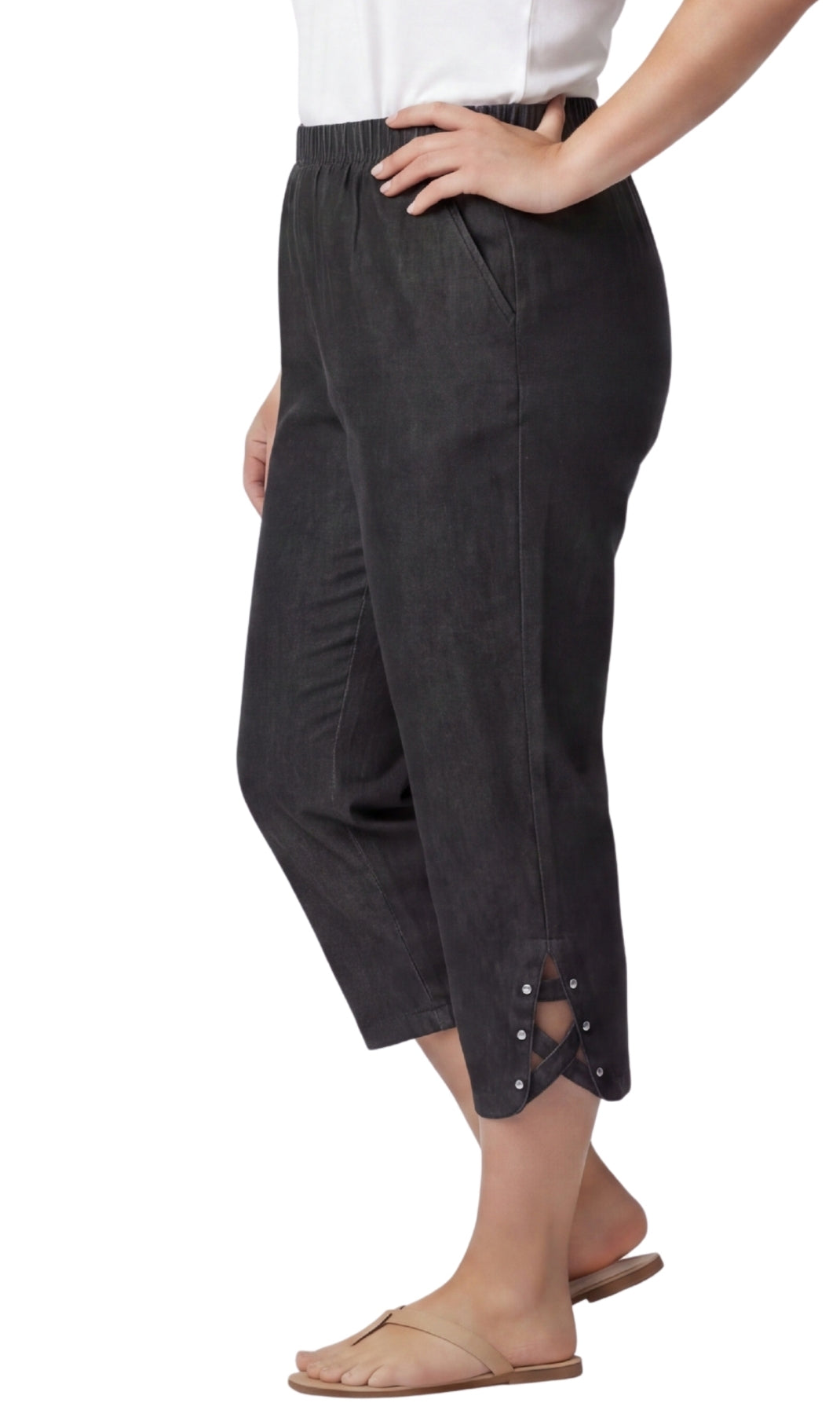 Women's Lightweight Denim Capri Pants with Studded Hem Detail