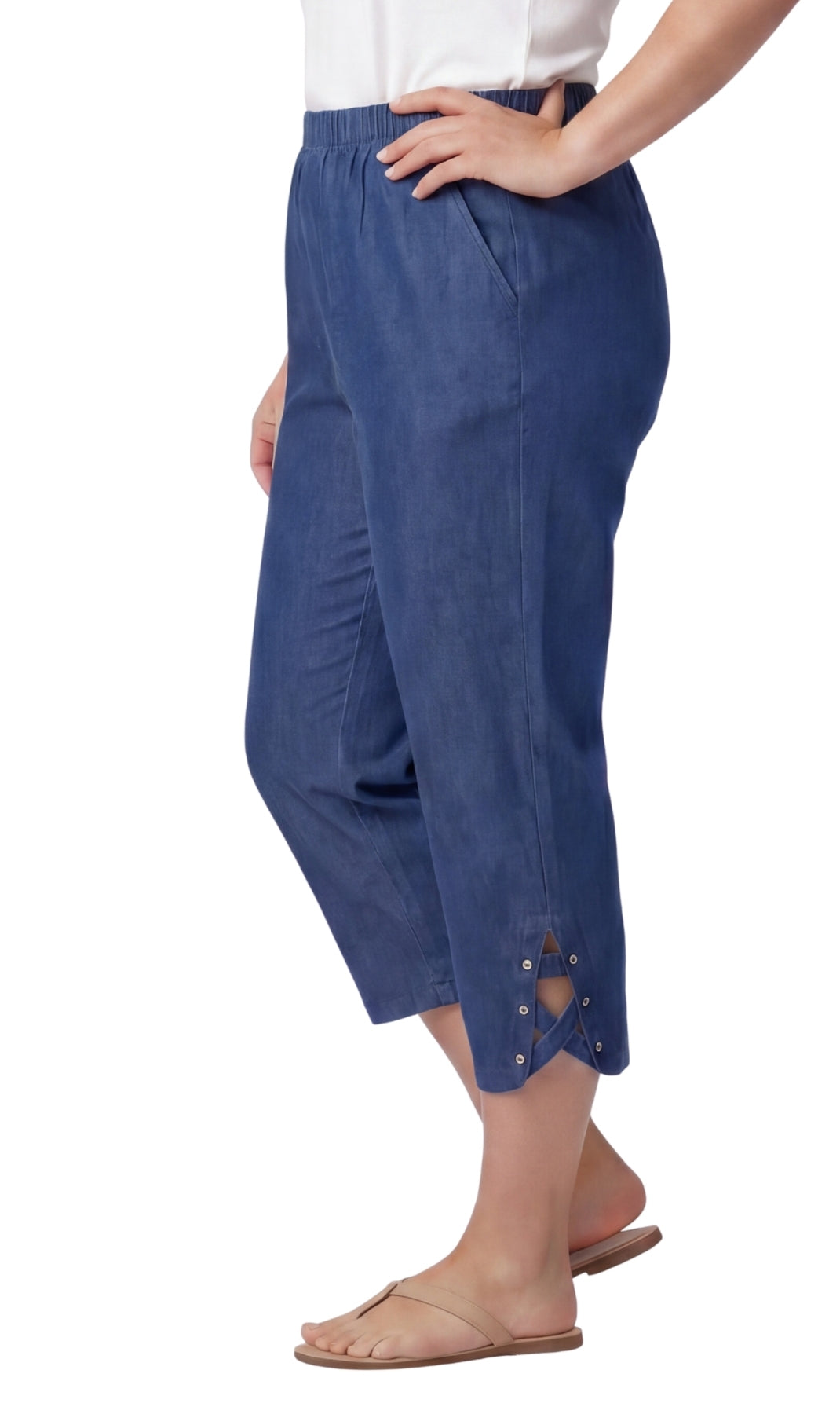 Women's Lightweight Denim Capri Pants with Studded Hem Detail