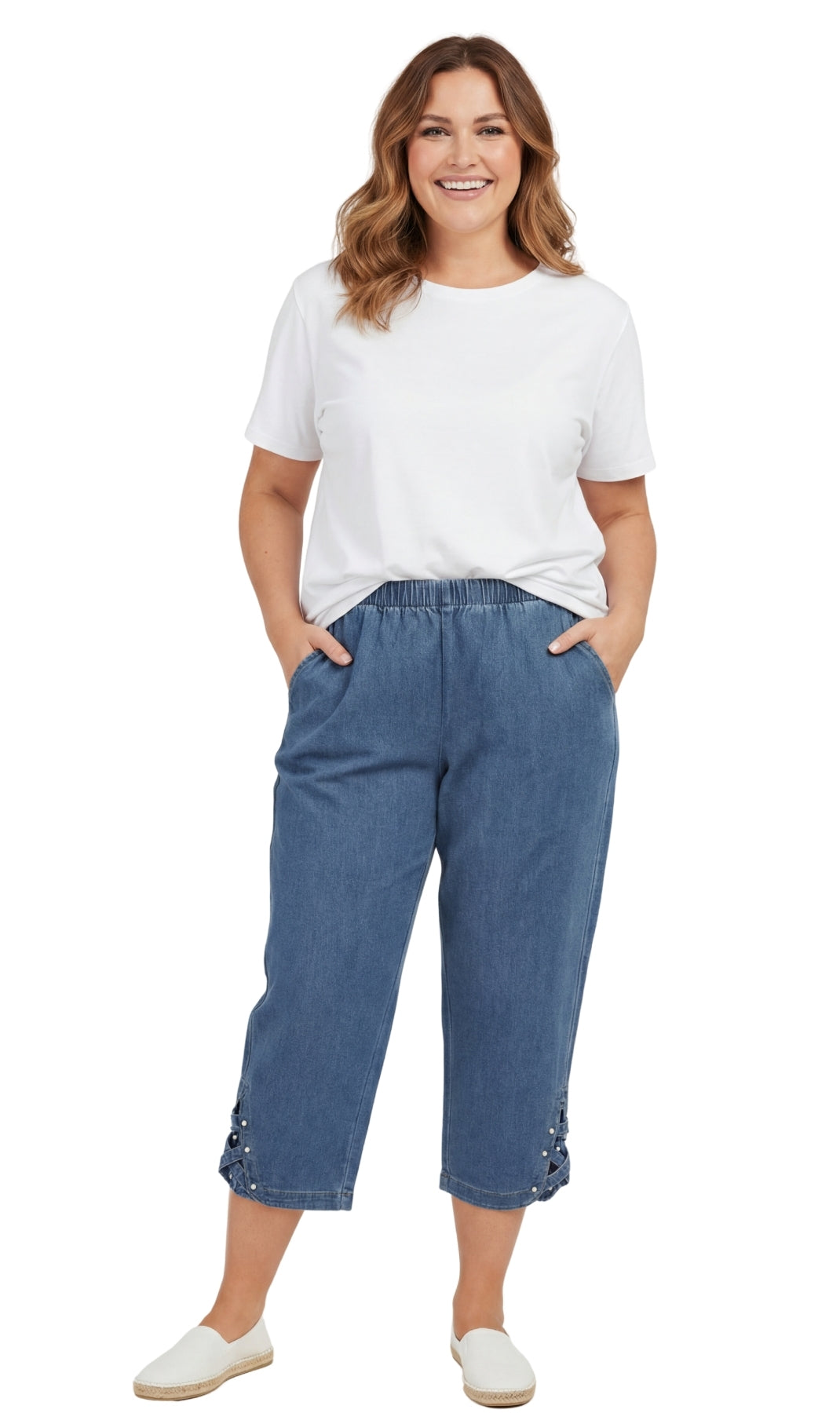 Women's Lightweight Denim Capri Pants with Studded Hem Detail