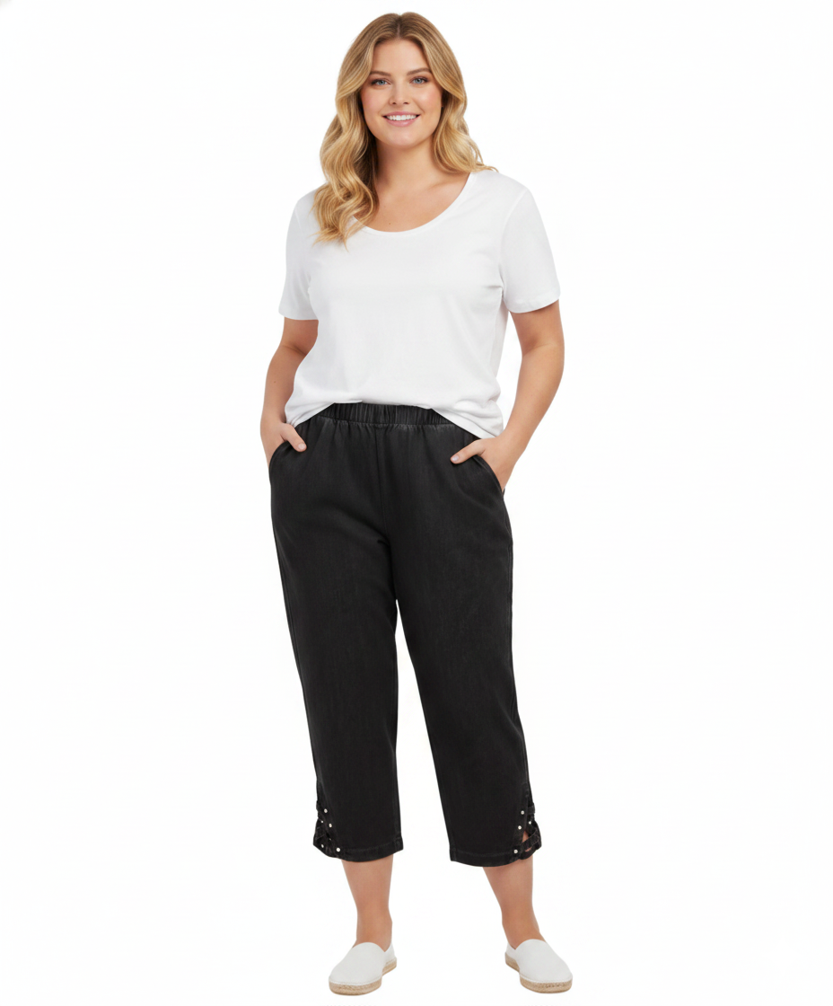 Women's Lightweight Denim Capri Pants with Studded Hem Detail