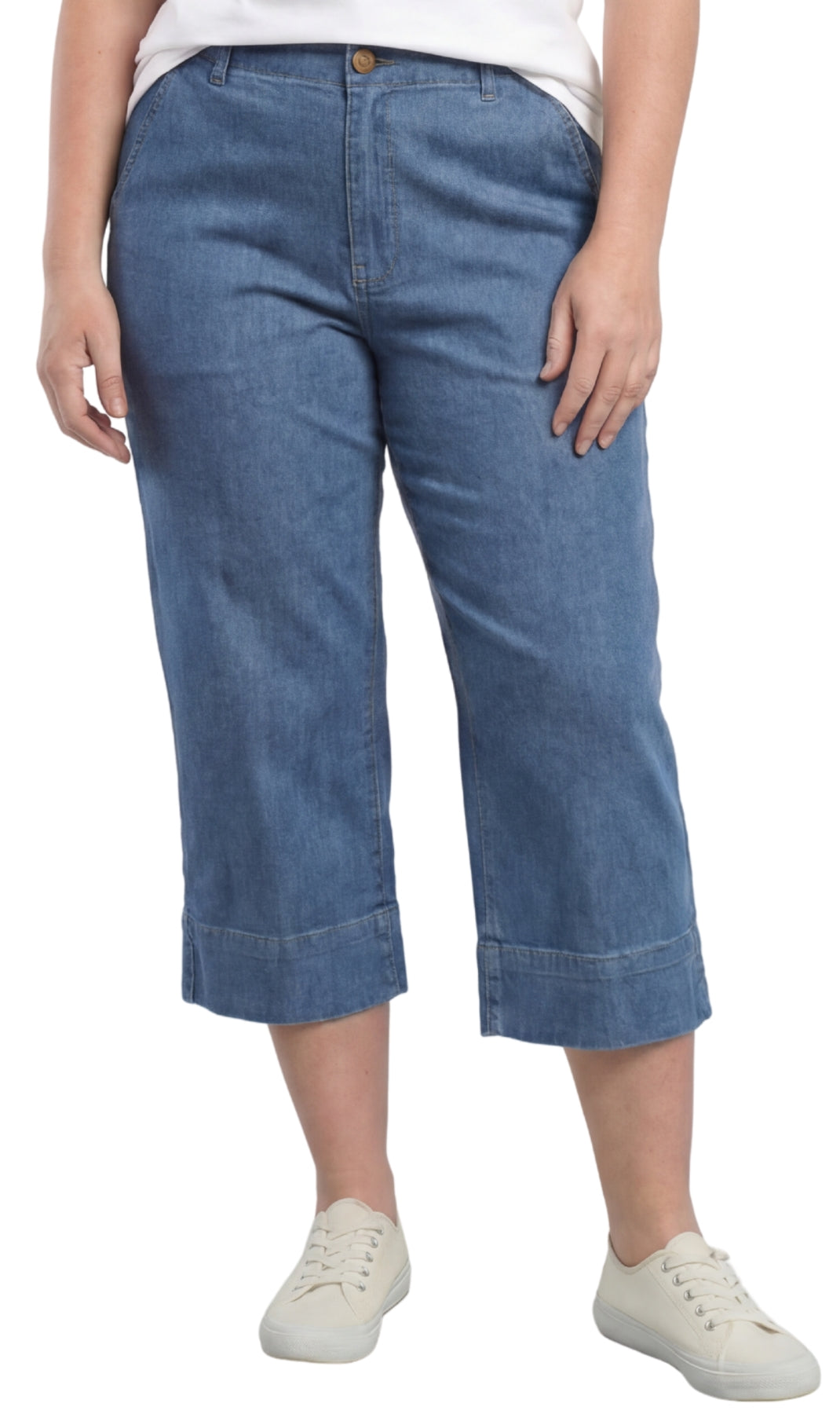 A pair of blue straight leg denim capri pants in a lightweight cotton blend for women