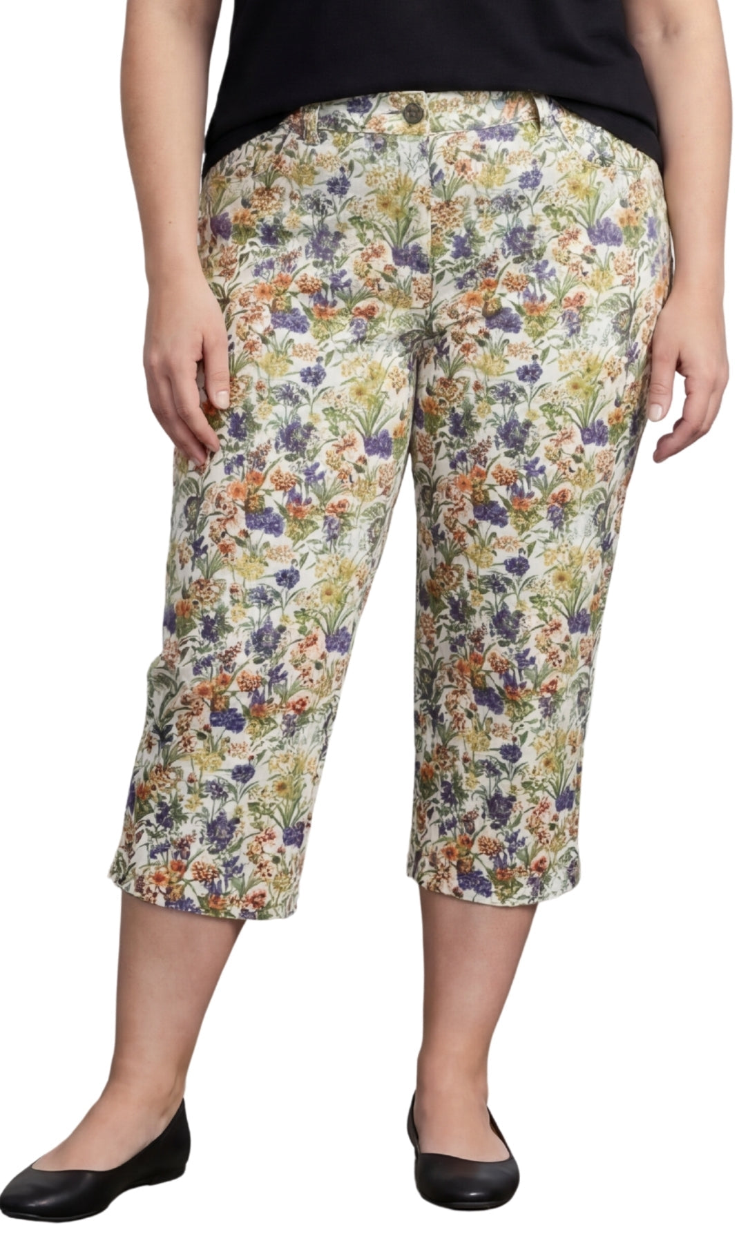 Women's white capri pants featuring a colorful botanical floral print and front pockets