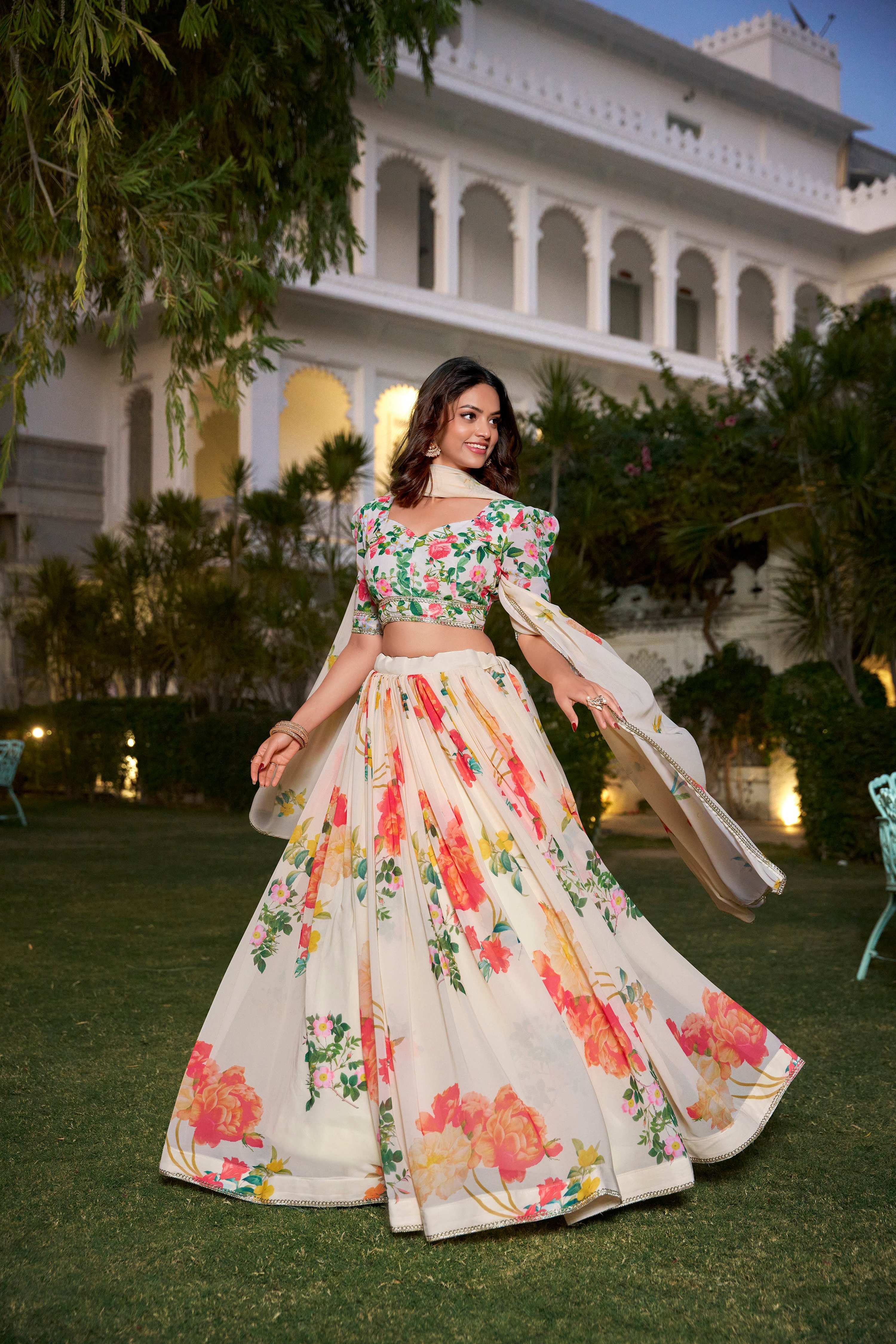 Lorenvalley Fashion Cream Georgette Floral Print With Lace Border Lehenga Choli with Dupatta